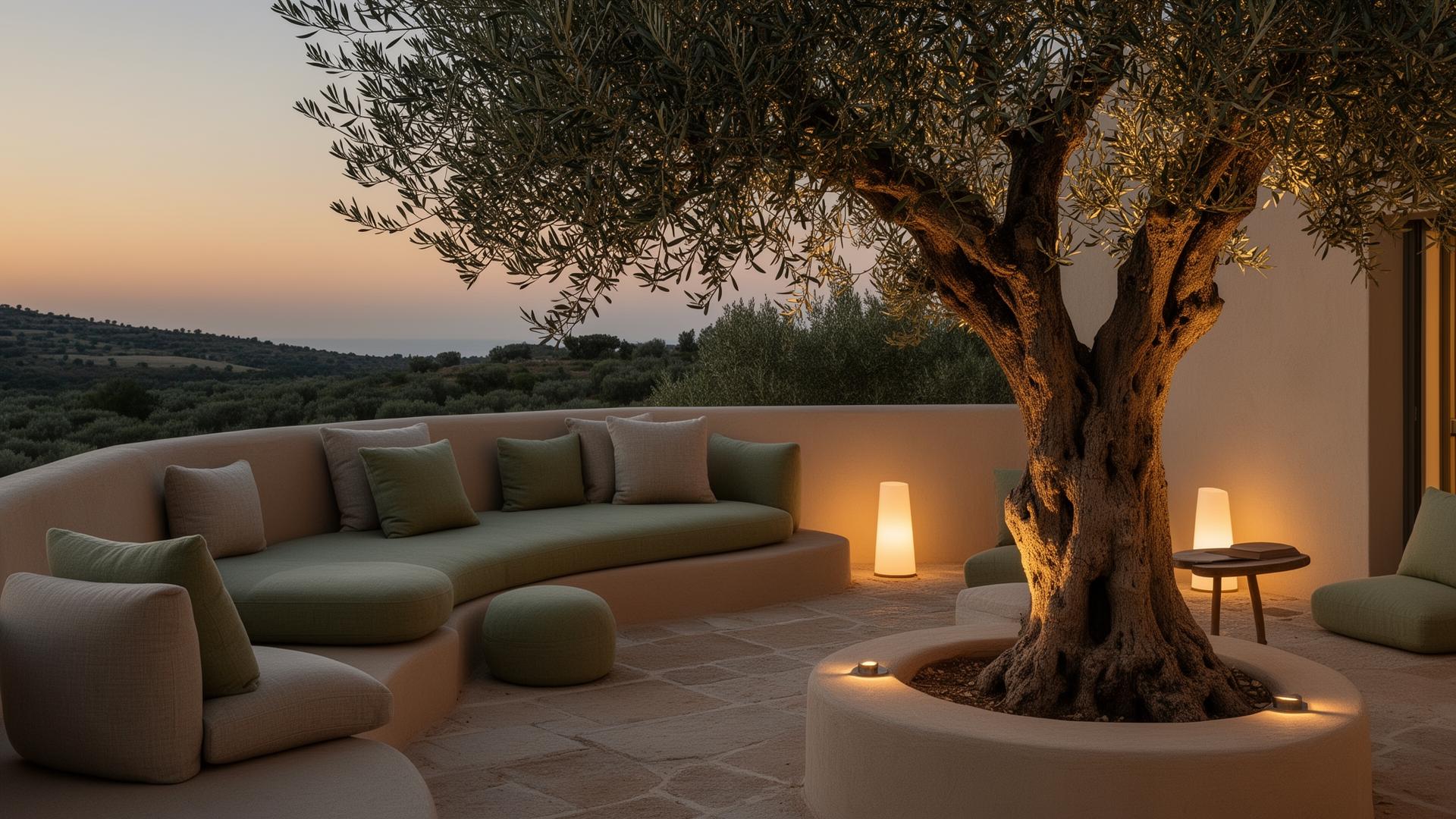Ruhige Terrasse eines Boutique-Hotels bei Sonnenuntergang mit einem Olivenbaum