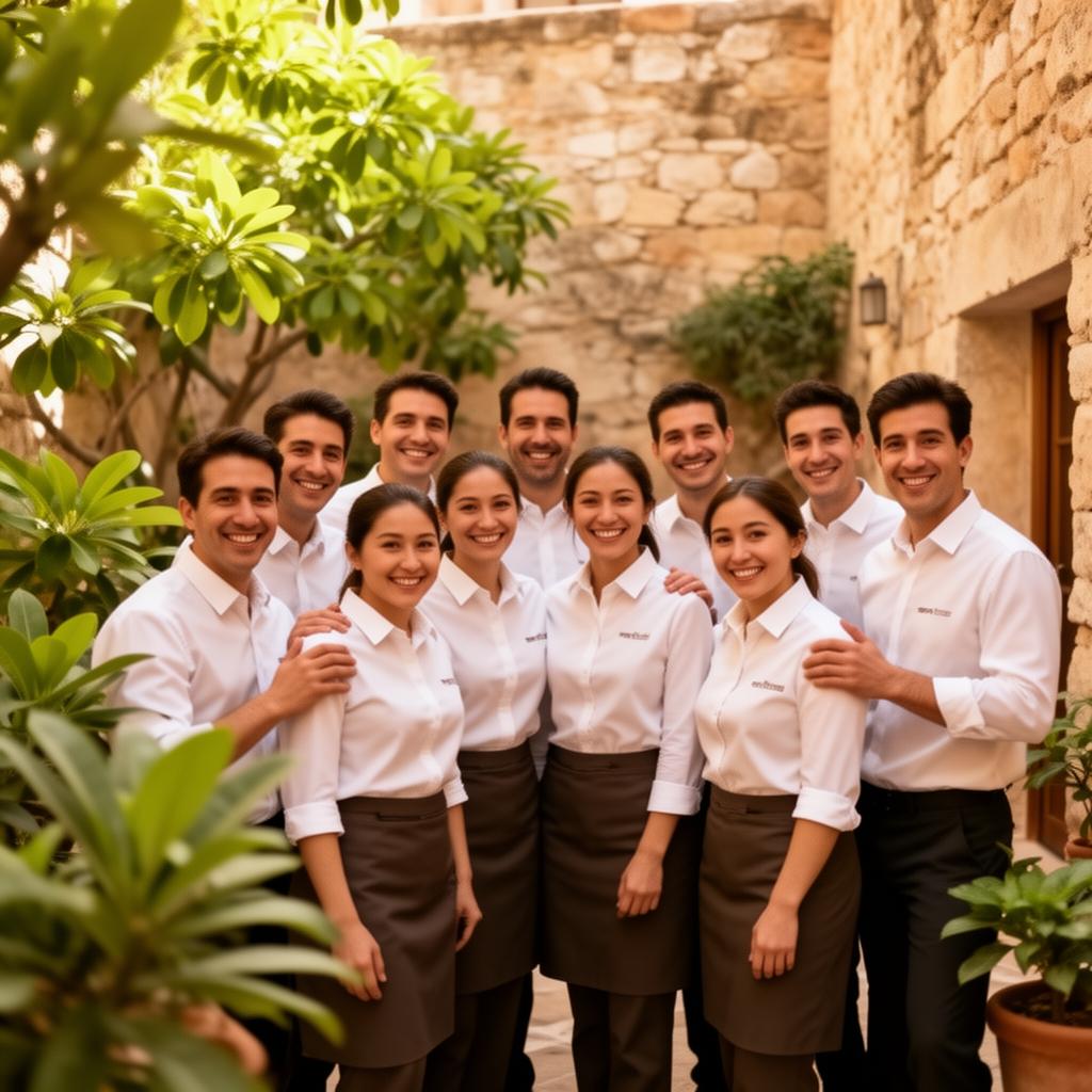 Lächelndes Hotelteam in einem mediterranen Innenhof