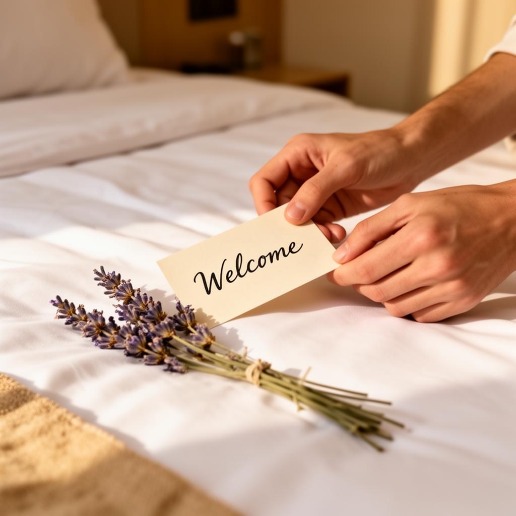 Handgeschriebene Willkommenskarte auf einem Hotelbett mit getrocknetem Lavendel